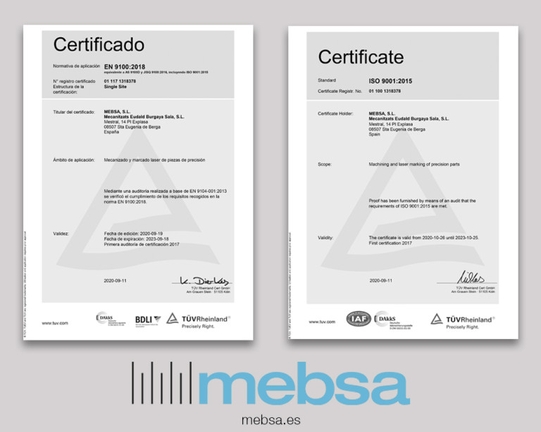 MEBSA enterprise certifiée ISO 9001 et EN 9100